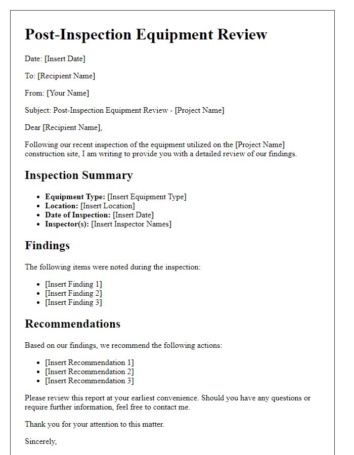 Letter template of post-inspection equipment review for construction site.