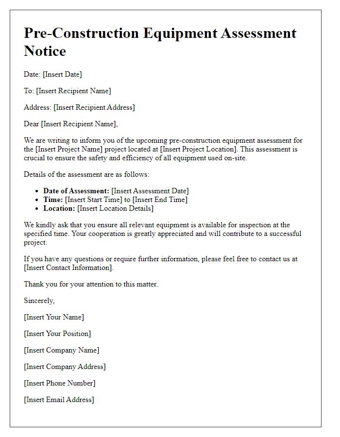 Letter template of pre-construction equipment assessment notice.