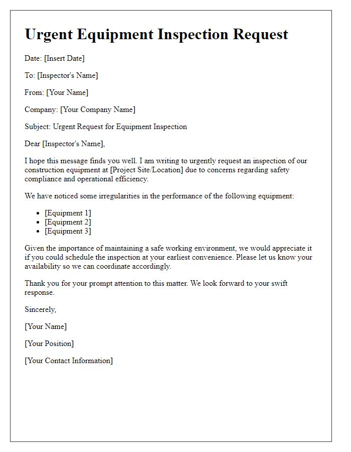 Letter template of urgent equipment inspection request for construction safety.