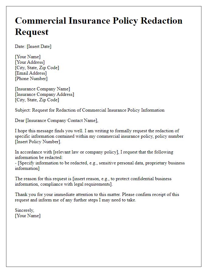 Letter template of commercial insurance policy redaction request