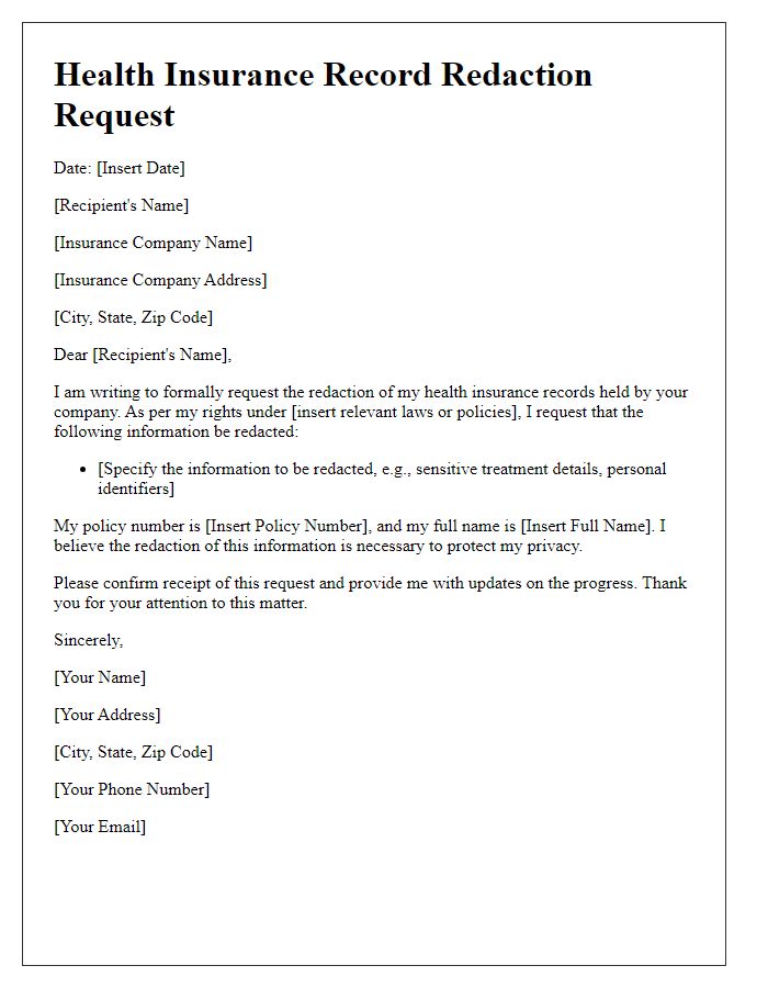 Letter template of health insurance record redaction request