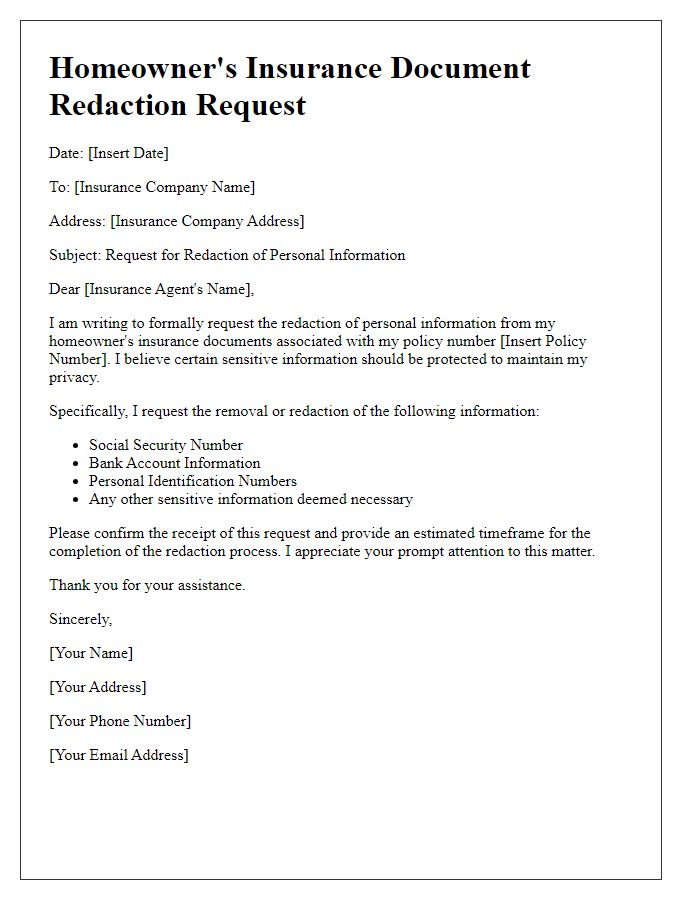 Letter template of homeowner's insurance document redaction request