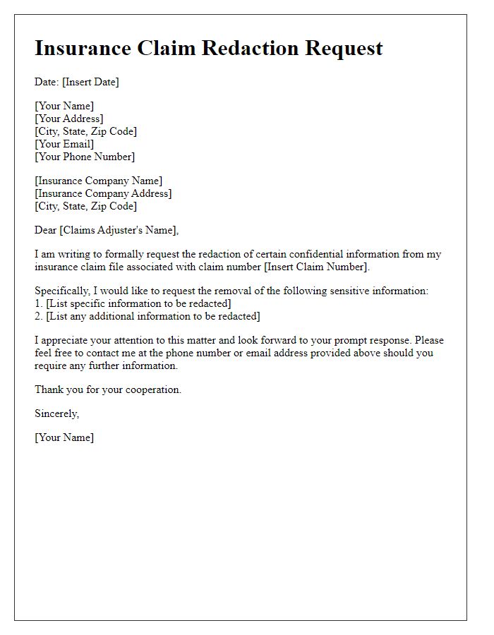 Letter template of insurance claim redaction request