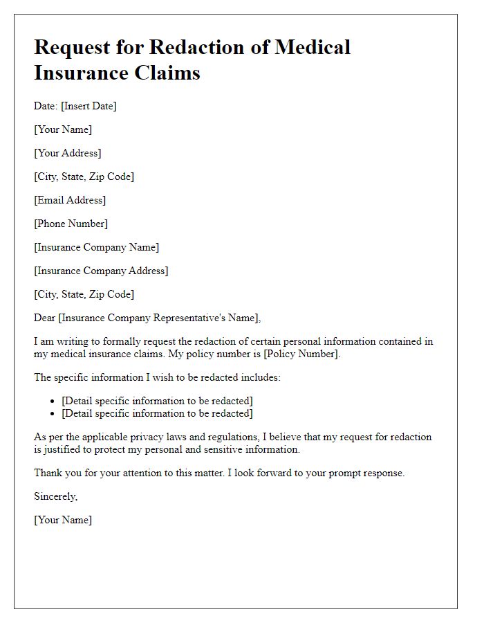 Letter template of medical insurance claims redaction request