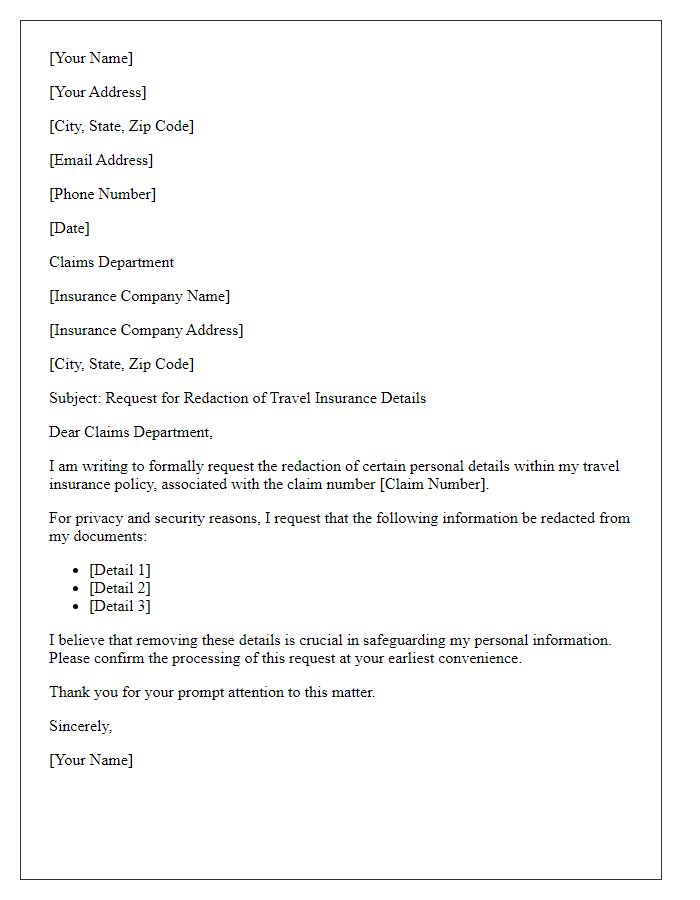 Letter template of travel insurance details redaction request