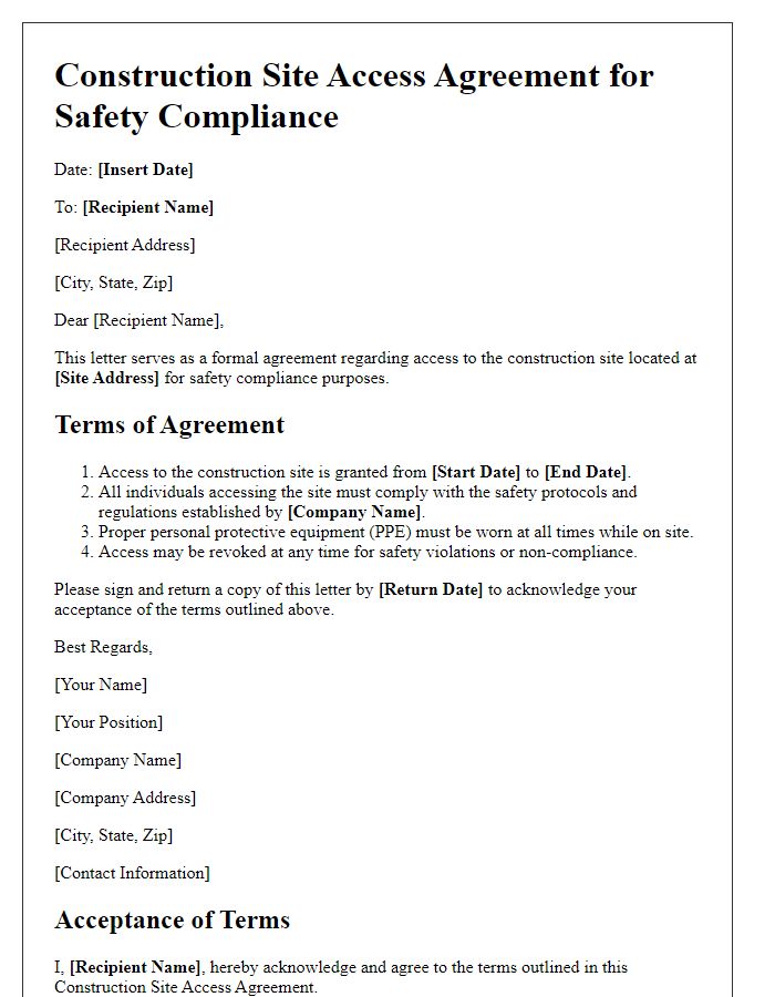 Letter template of construction site access agreement for safety compliance