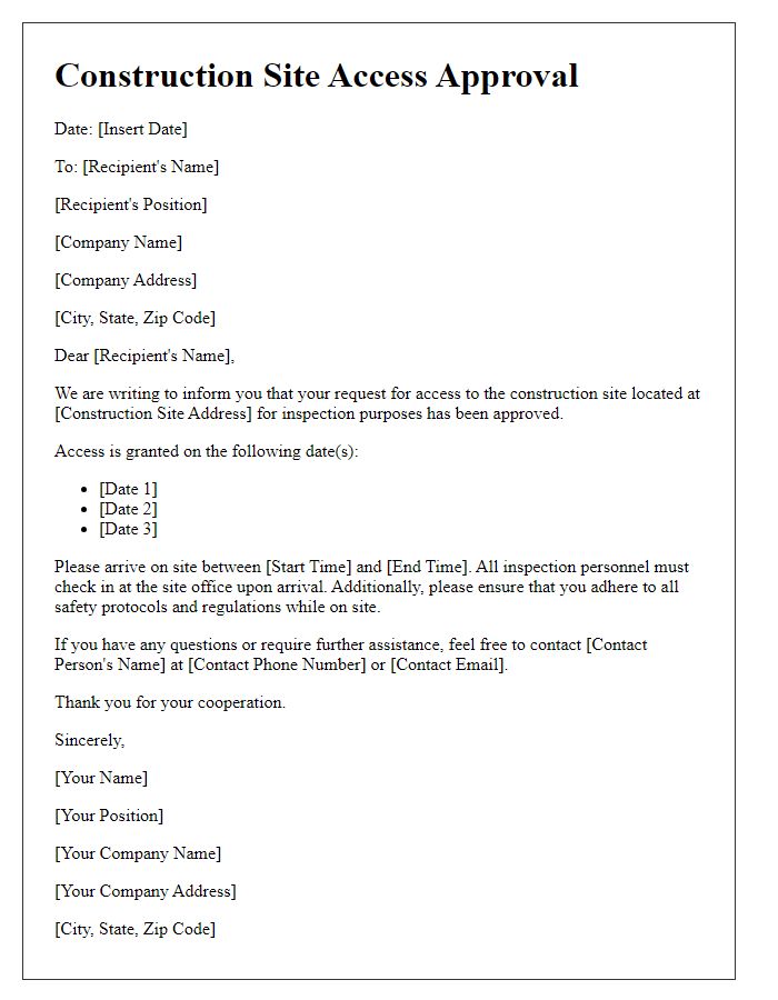 Letter template of construction site access approval for inspections