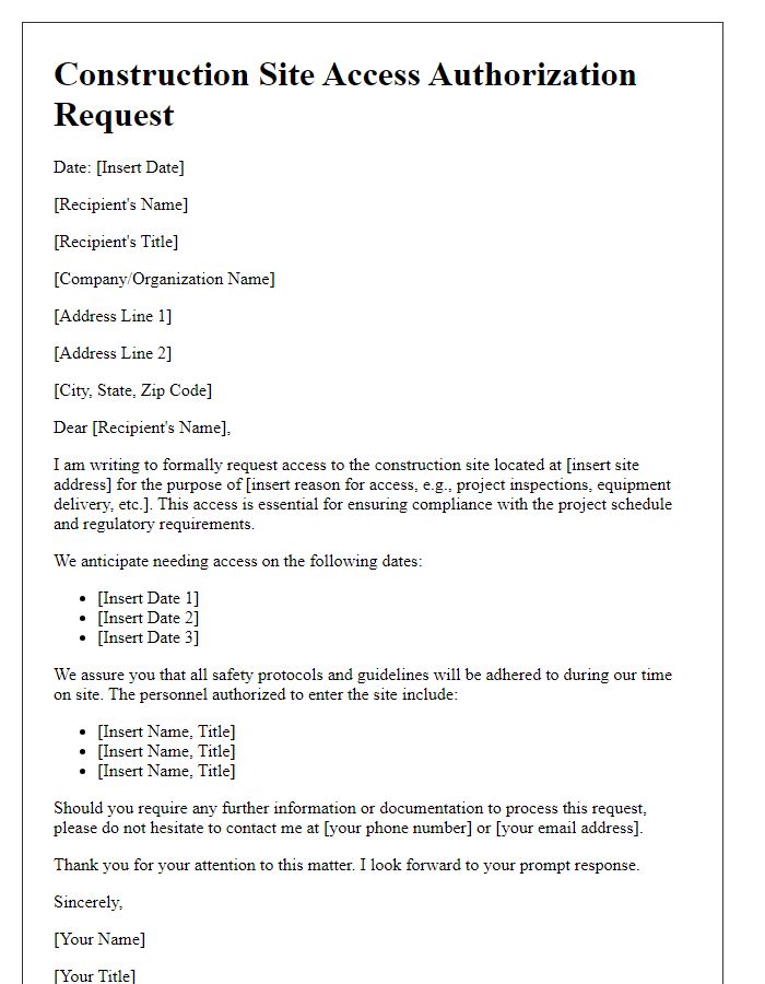 Letter template of construction site access authorization request