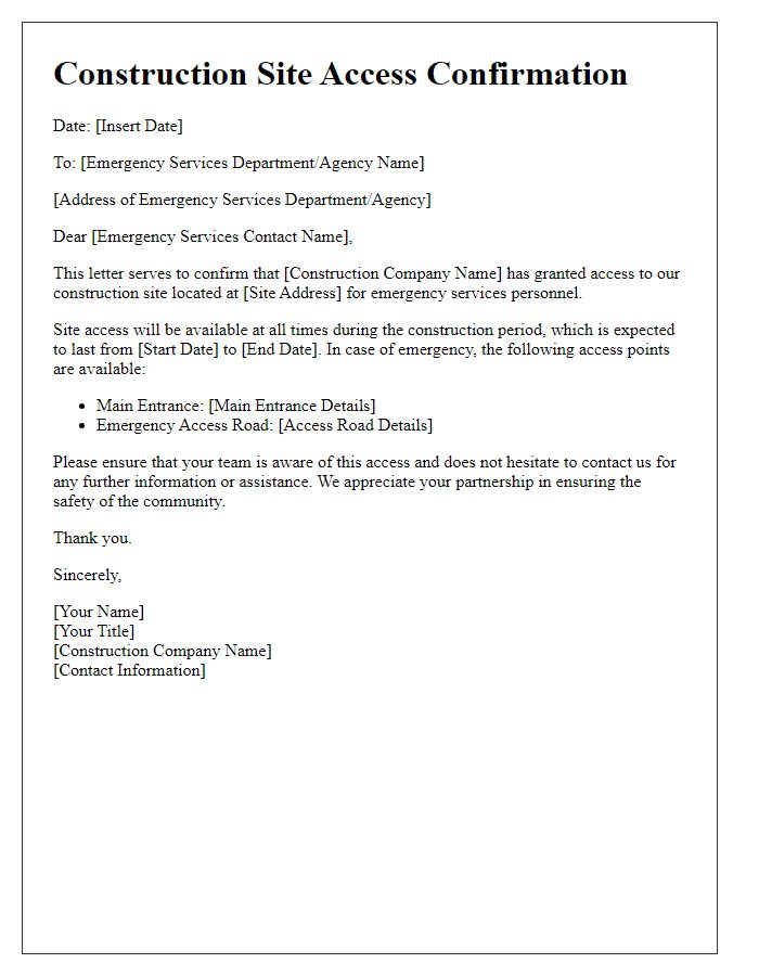 Letter template of construction site access confirmation for emergency services