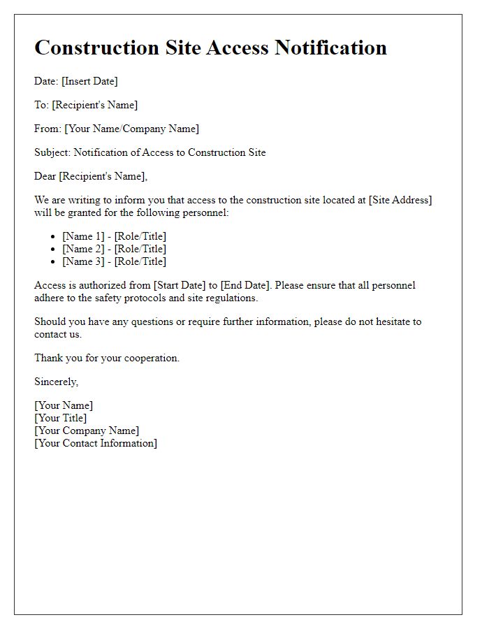 Letter template of construction site access notification for personnel