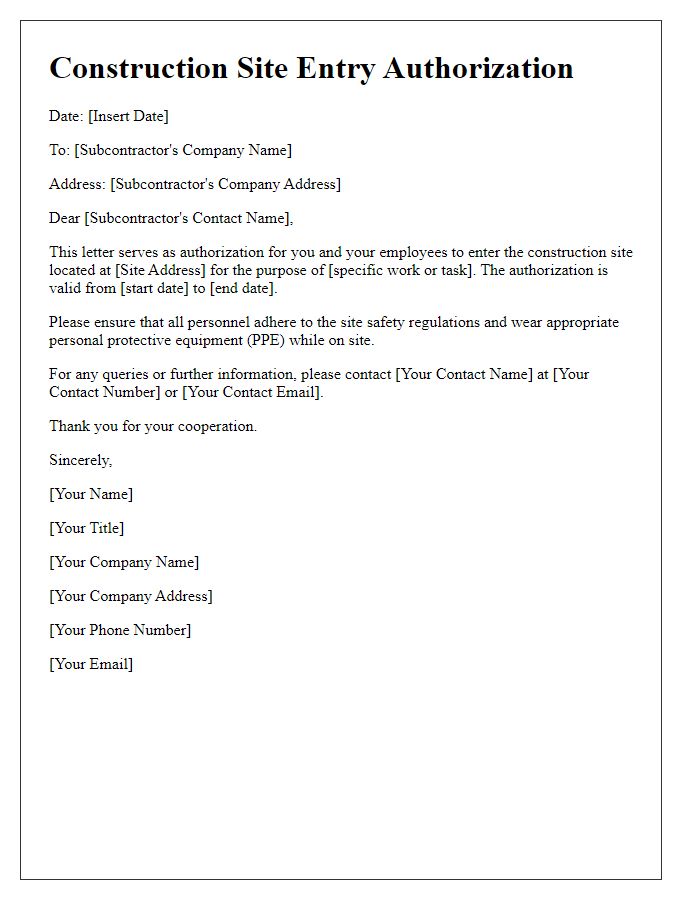 Letter template of construction site entry authorization for subcontractors