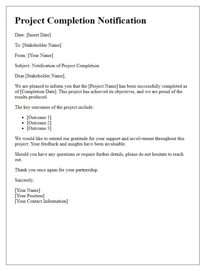 Letter template of project completion notification to stakeholders