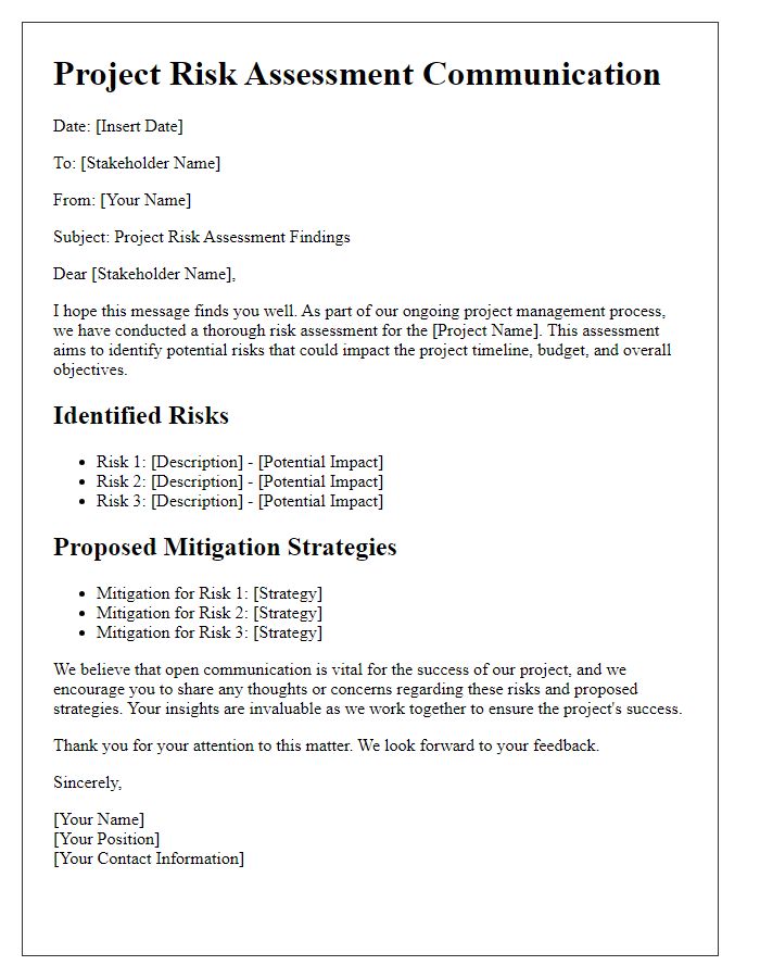 Letter template of project risk assessment communication to stakeholders