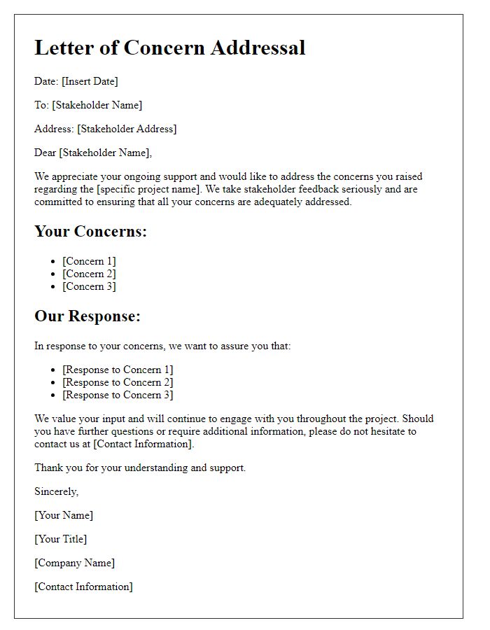 Letter template of stakeholder concern addressal in construction