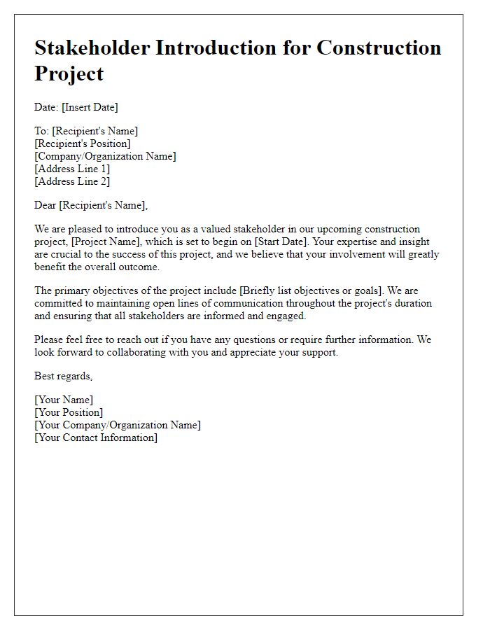 Letter template of stakeholder introduction for construction project communication