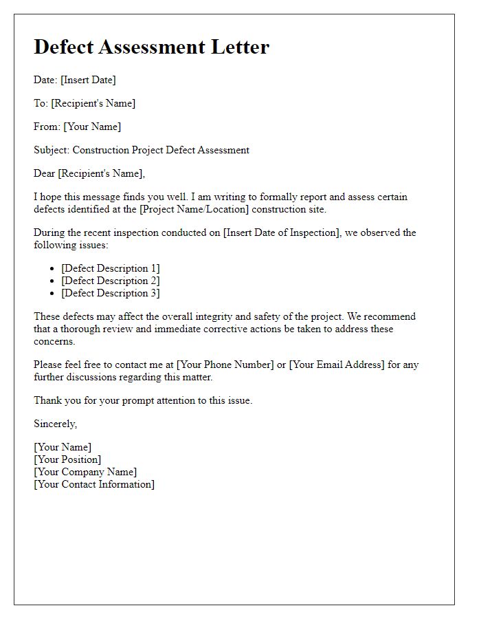 Letter template of construction project defect assessment