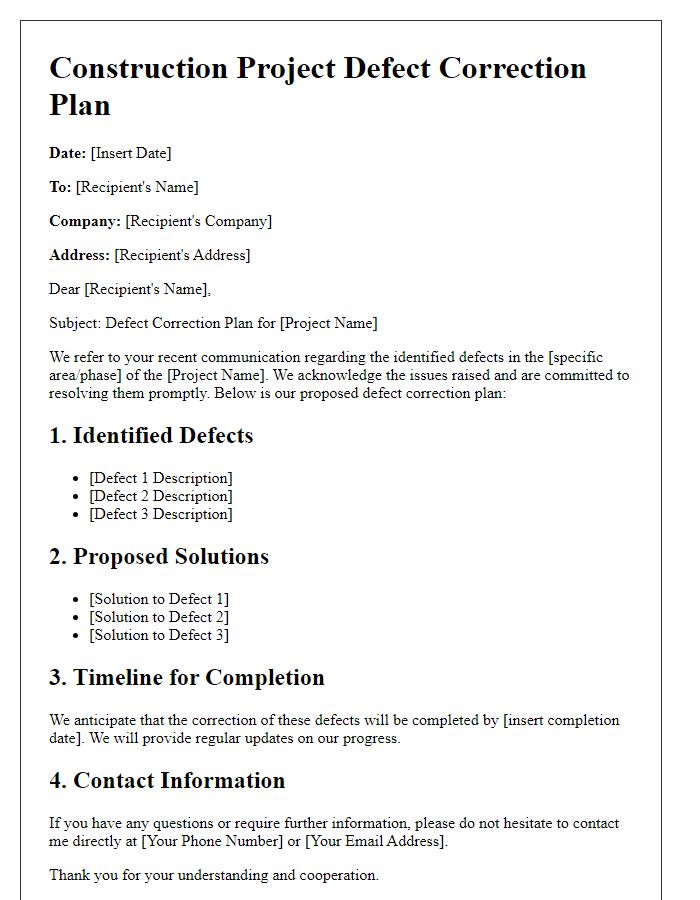 Letter template of construction project defect correction plan