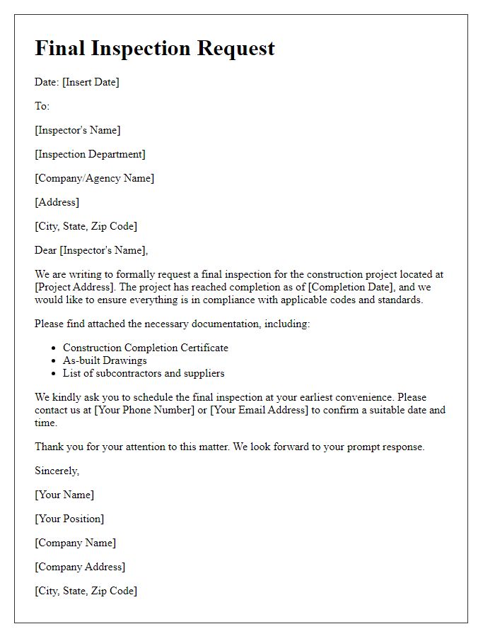 Letter template of construction project defect final inspection request