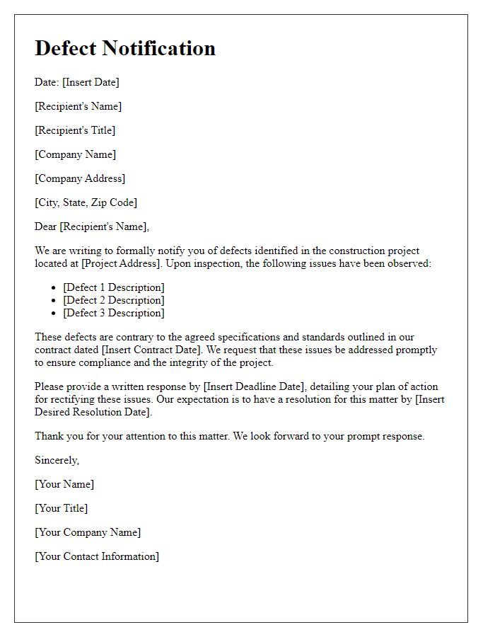 Letter template of construction project defect notification