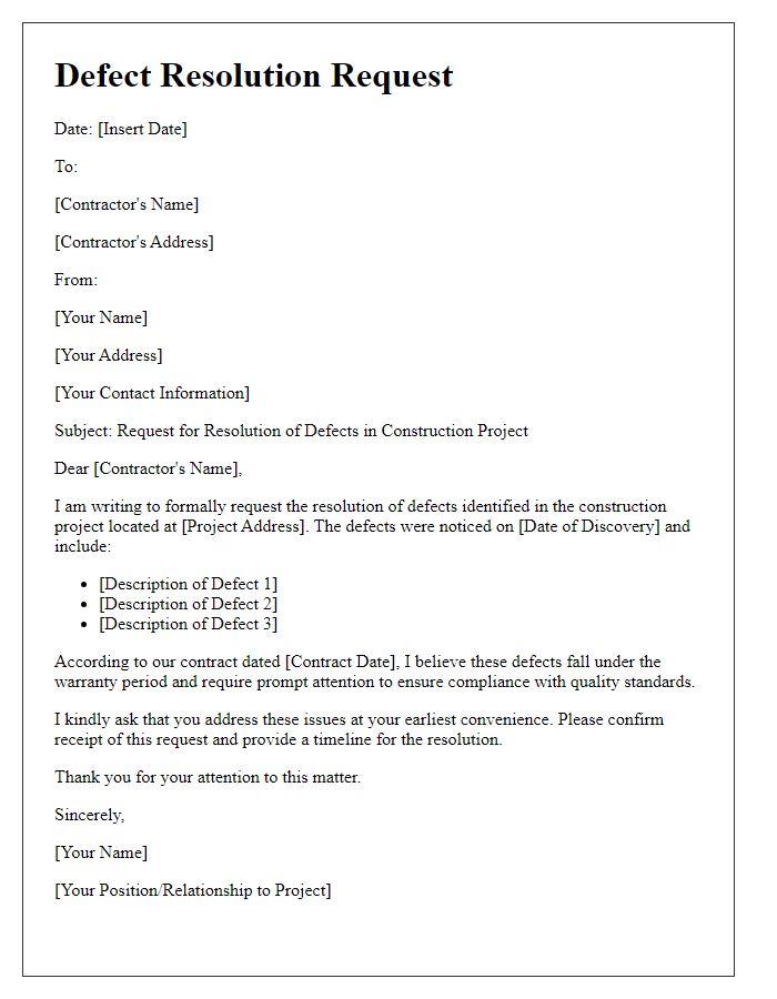 Letter template of construction project defect resolution request