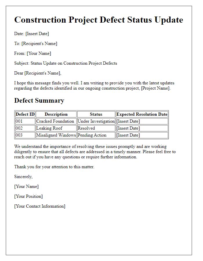 Letter template of construction project defect status update