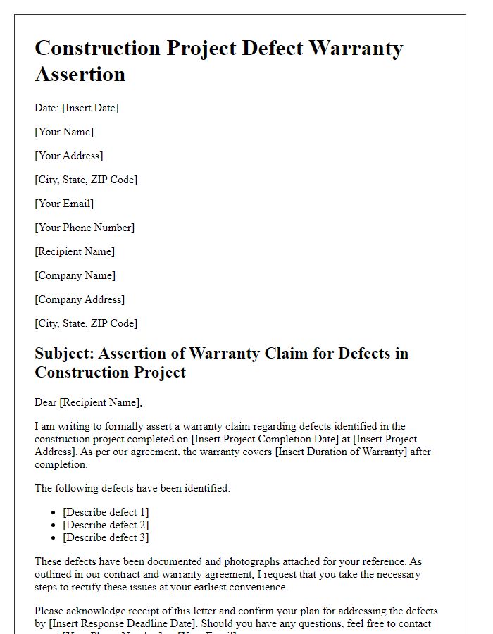 Letter template of construction project defect warranty assertion