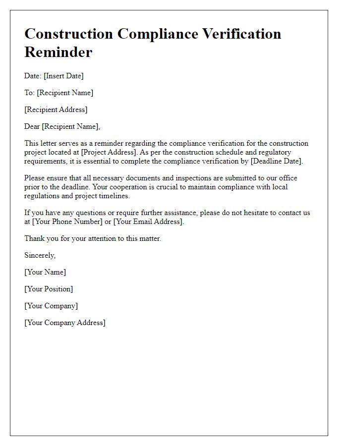 Letter template of construction compliance verification reminder