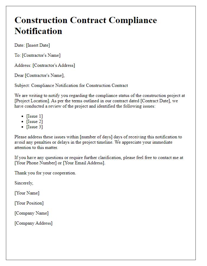 Letter template of construction contract compliance notification