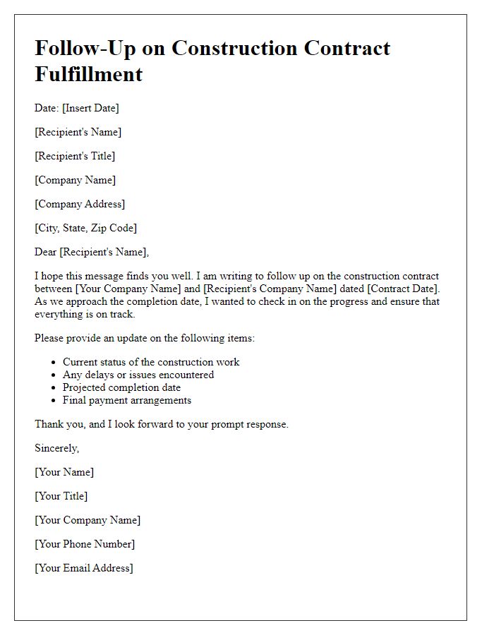 Letter template of construction contract fulfillment follow-up