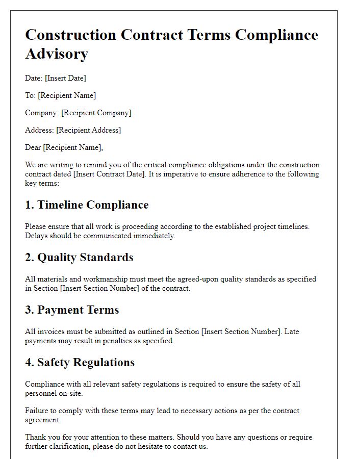 Letter template of construction contract terms compliance advisory