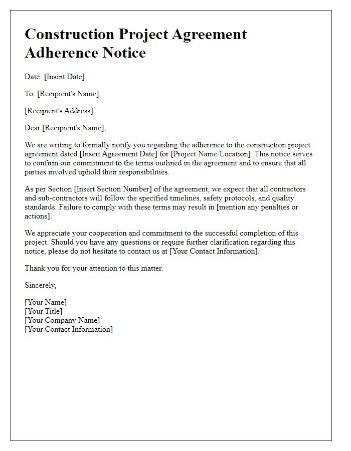 Letter template of construction project agreement adherence notice