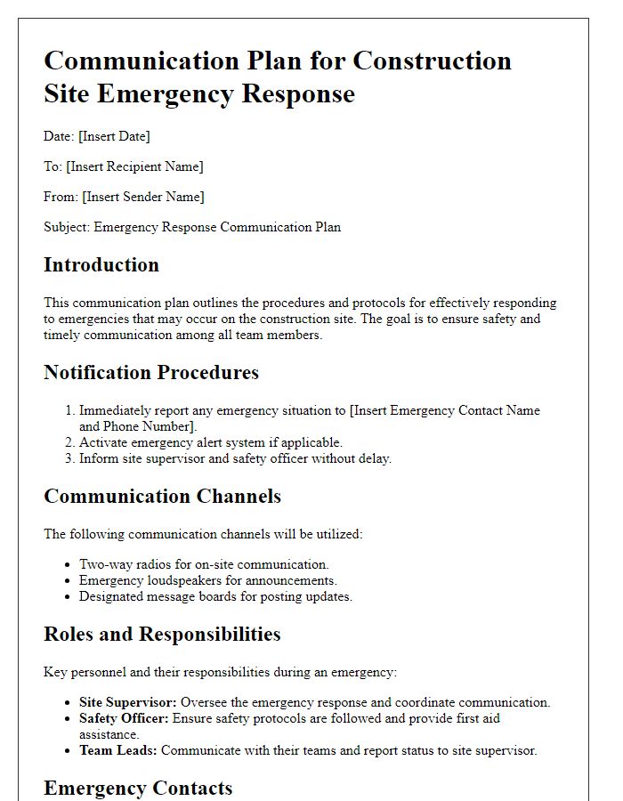 Letter template of communication plan for construction site emergency response.