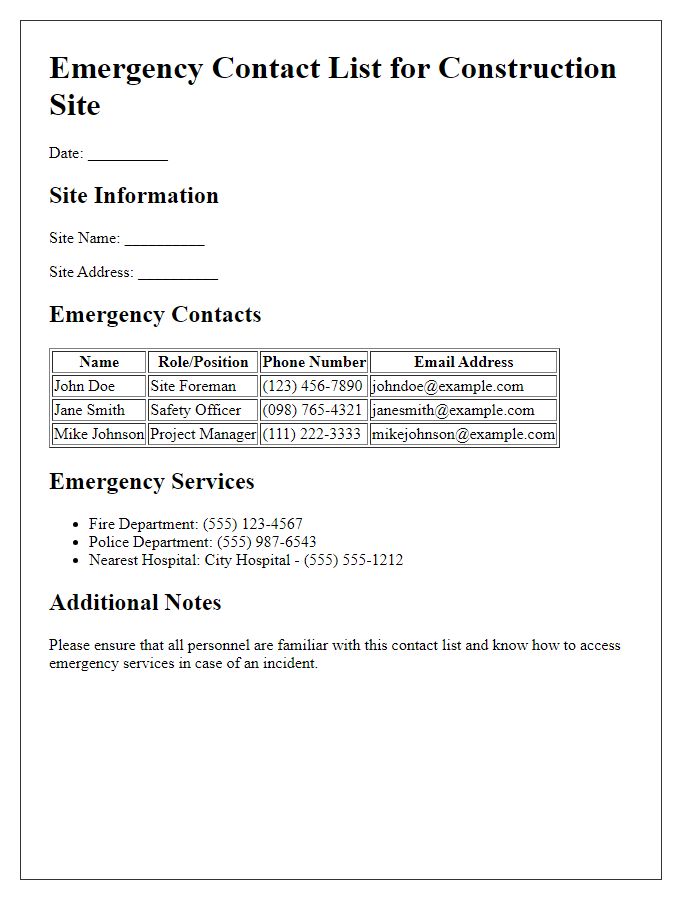 Letter template of emergency contact list for construction site.