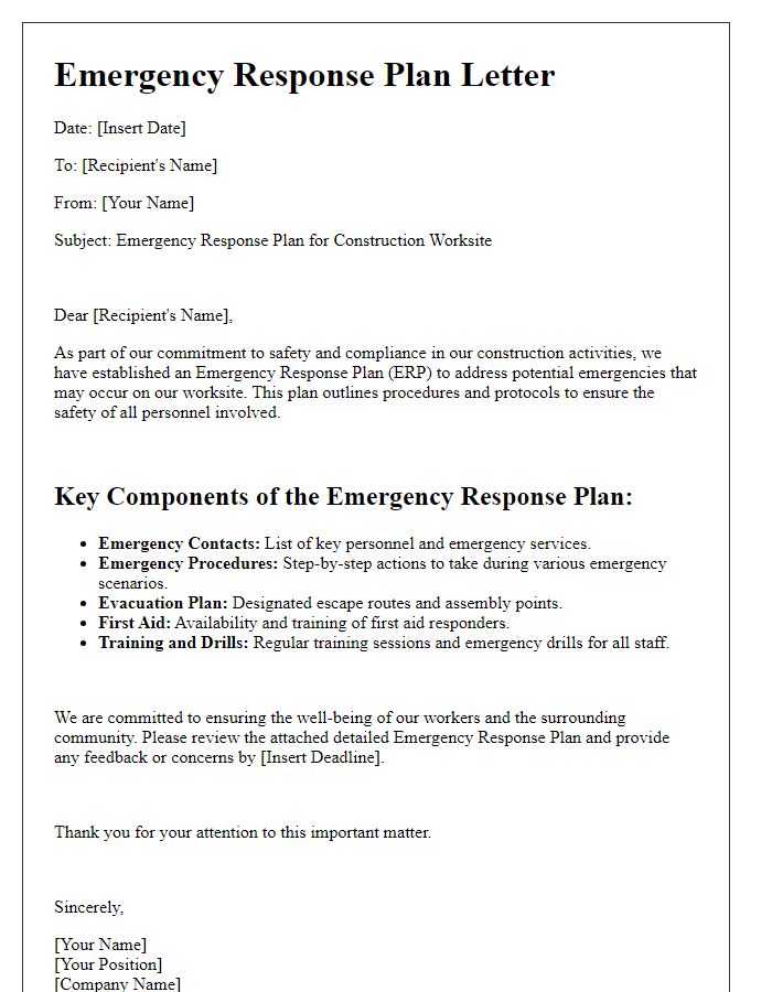 Letter template of emergency response plan for construction worksite.