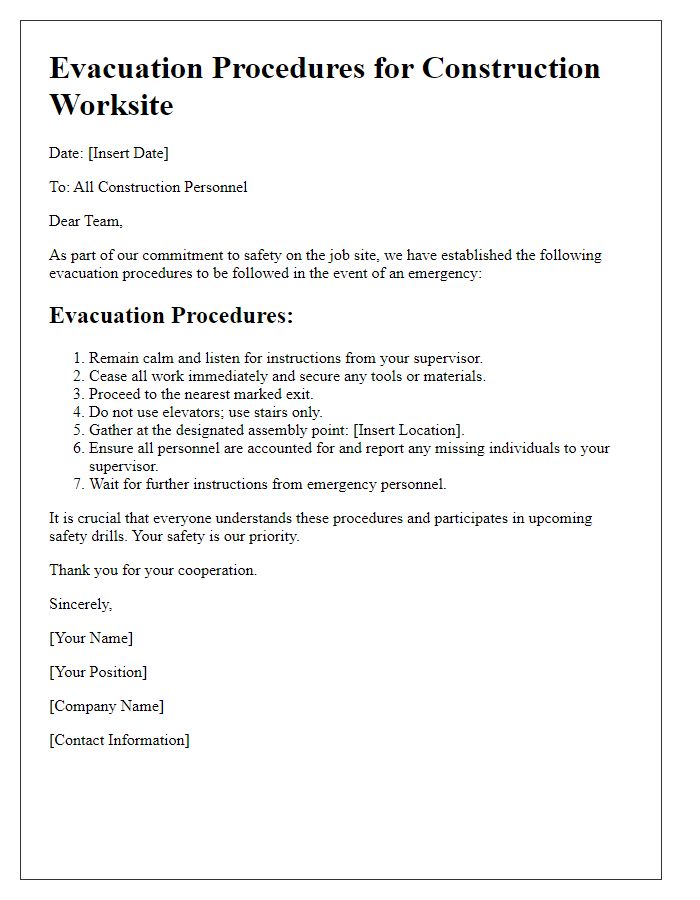 Letter template of evacuation procedures for construction worksite.