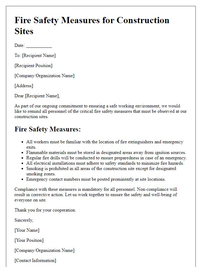 Letter template of fire safety measures for construction sites.