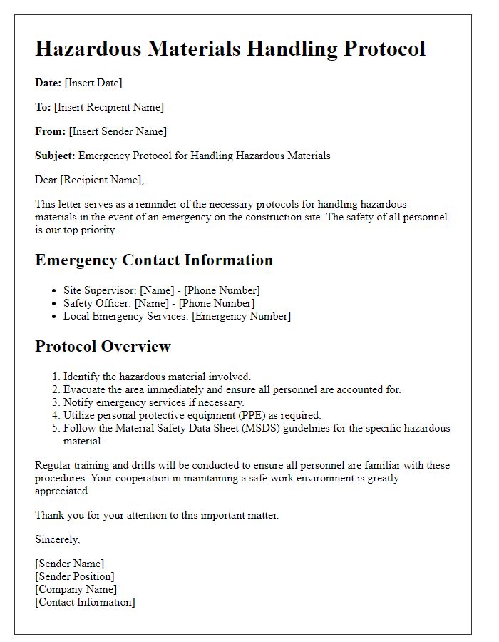 Letter template of hazardous materials handling for emergency situations in construction.