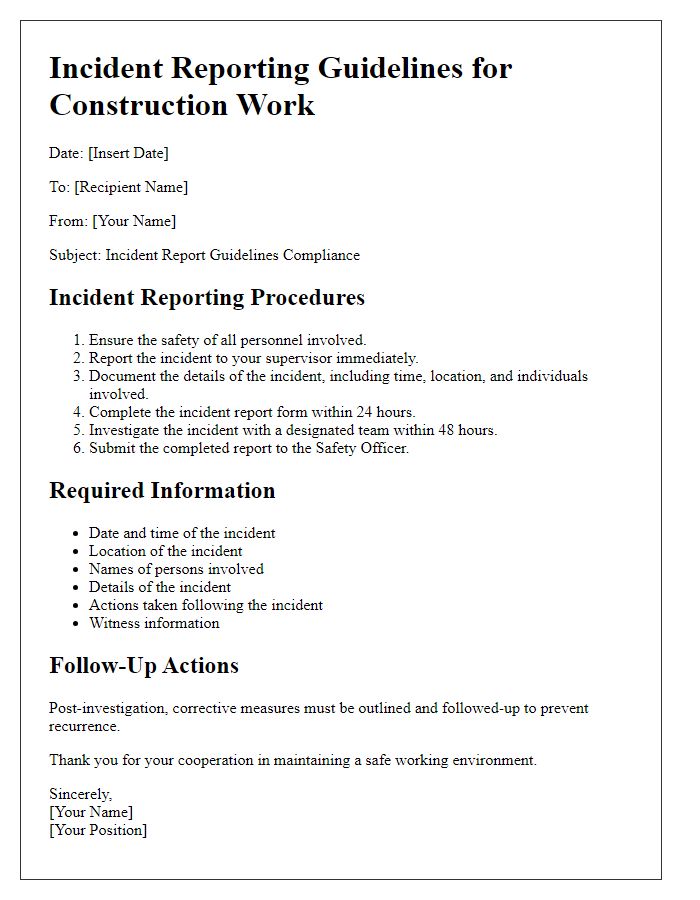 Letter template of incident reporting guidelines for construction work.