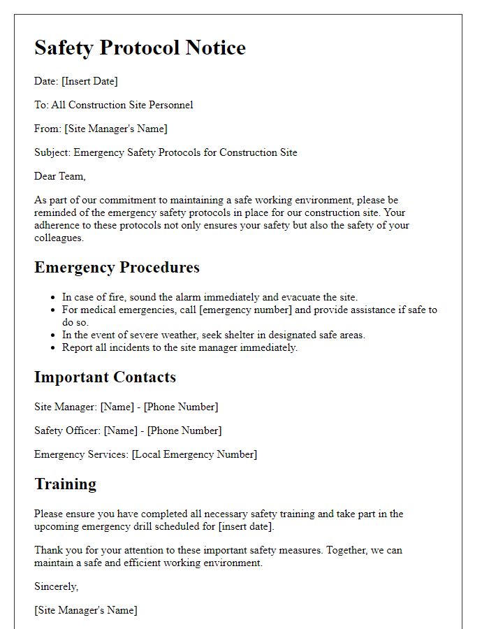 Letter template of safety protocol notice for construction site emergencies.