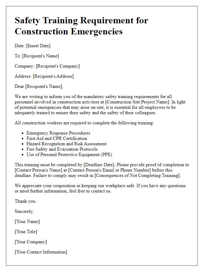 Letter template of safety training requirement for construction emergencies.