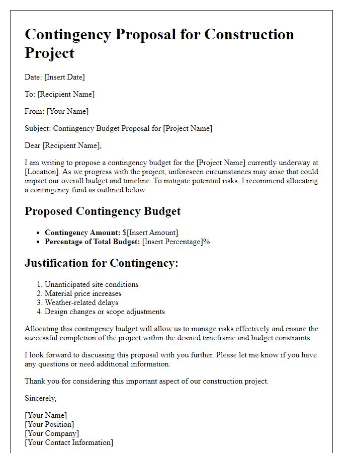 Letter template of construction project budget contingency proposals