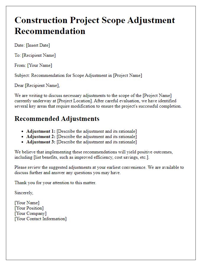 Letter template of construction project scope adjustment recommendations