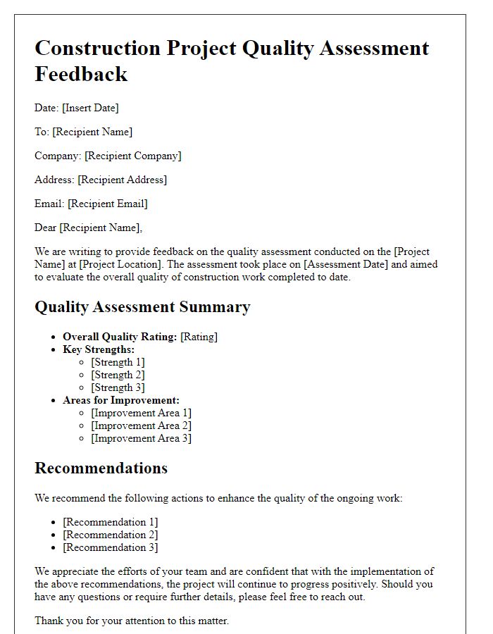 Letter template of construction project quality assessment feedback