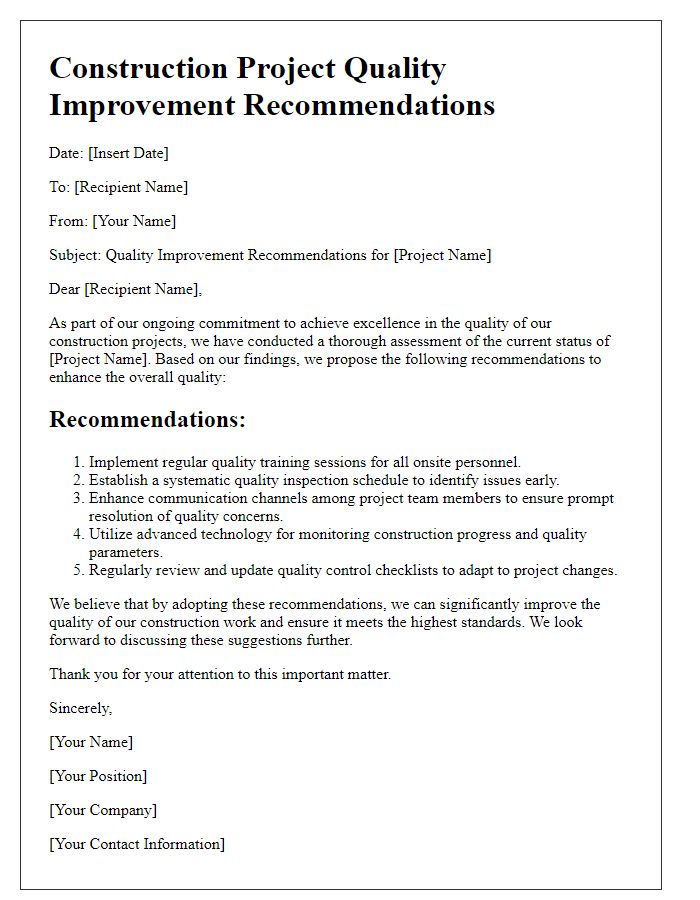 Letter template of construction project quality improvement recommendations