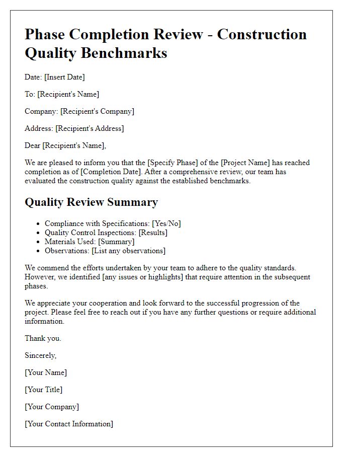 Letter template of phase completion review for construction quality benchmarks