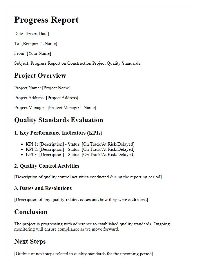 Letter template of progress report for construction project quality standards