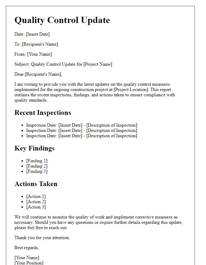 Letter template of quality control update for ongoing construction project