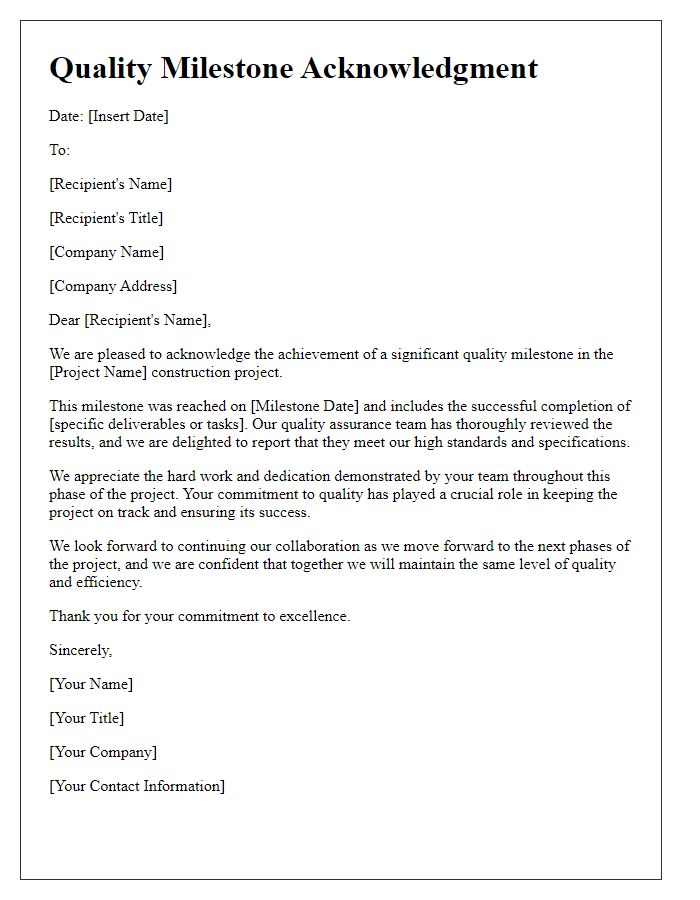 Letter template of quality milestone acknowledgment for construction project