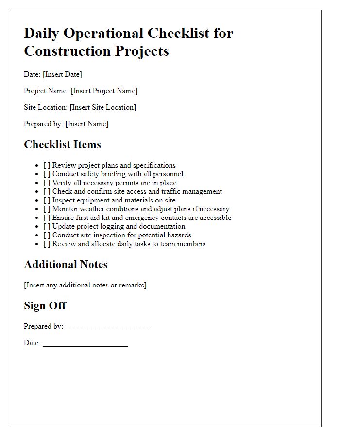 Letter template of daily operational checklist for construction projects