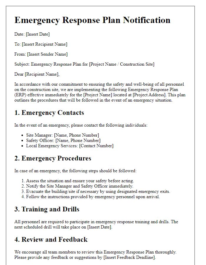 Letter template of emergency response plan for construction sites